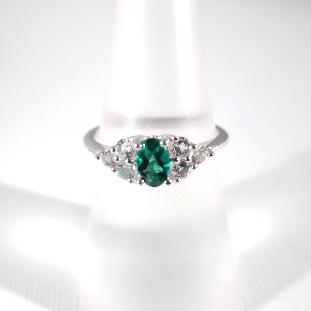 Emerald and White Topaz Ring Sterling Silver Size 7